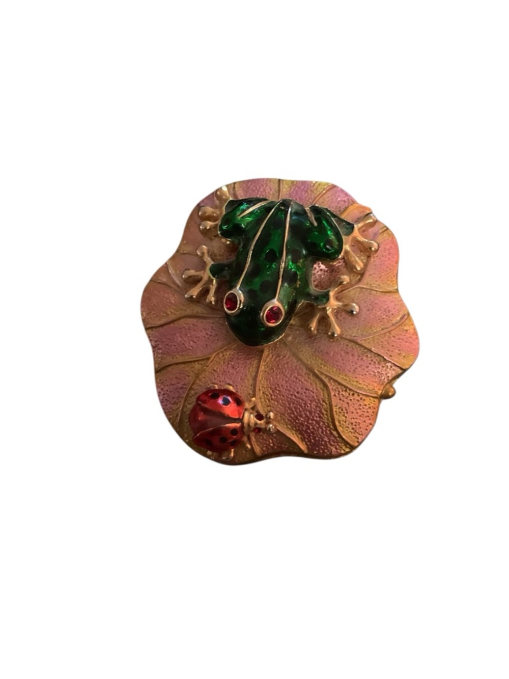 Jeweled Enamel Hinged Trinket Box Frog with Lady Bug on Gold Lily Pad